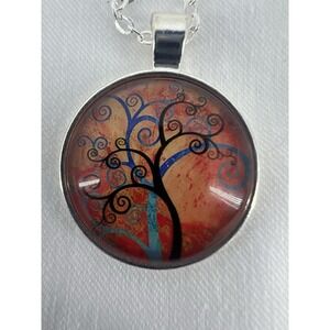 Multicolor Purple Tree of Life 2-Sided Artisan Cabochon Silver-Plated Necklace